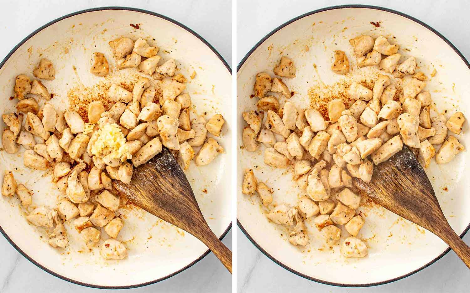 process shots showing how to make chicken parmesan pasta skillet.