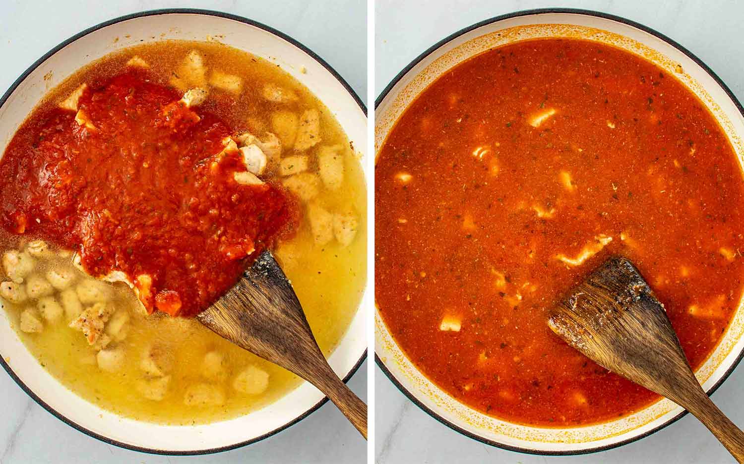 process shots showing how to make chicken parmesan pasta skillet.