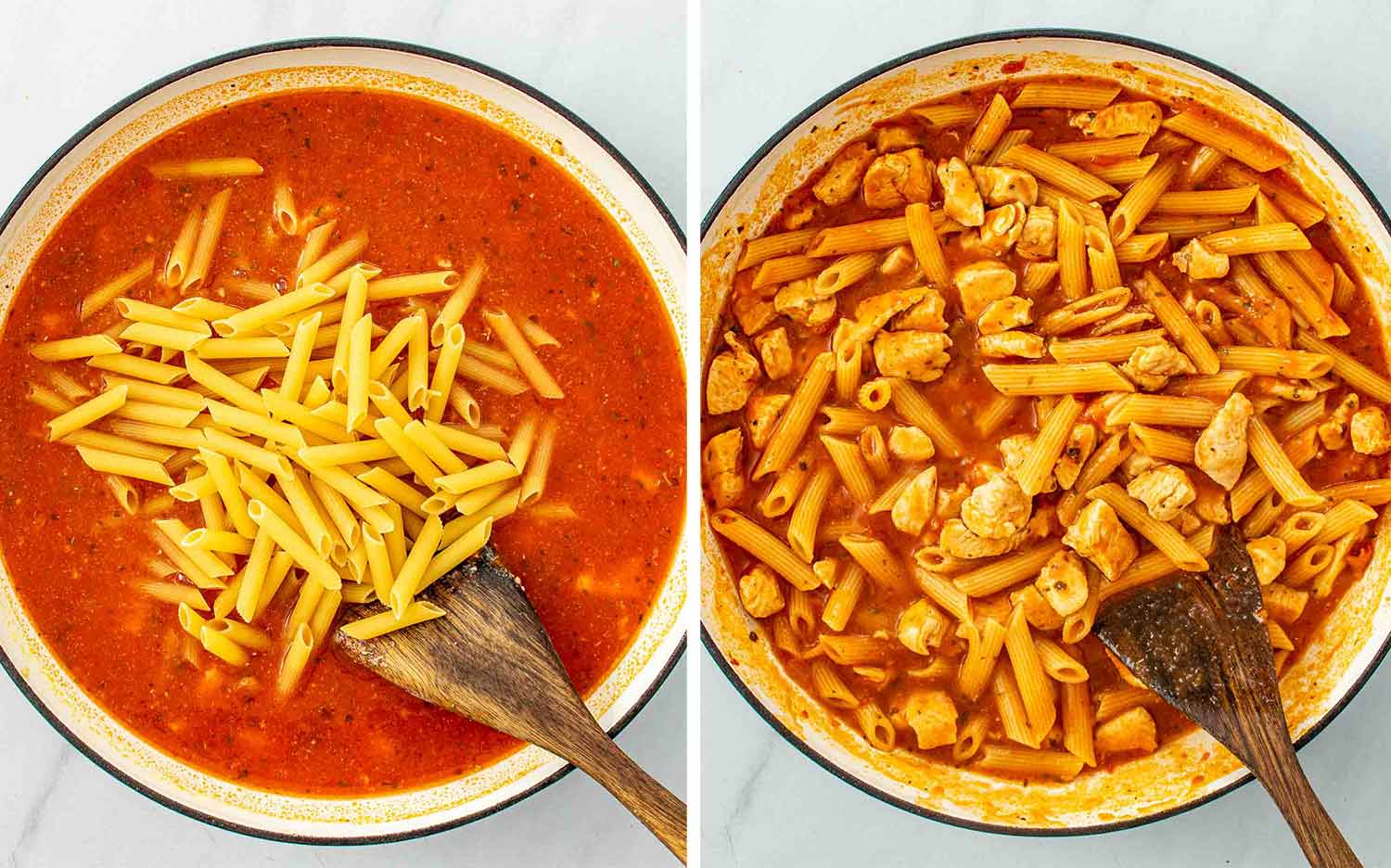 process shots showing how to make chicken parmesan pasta skillet.