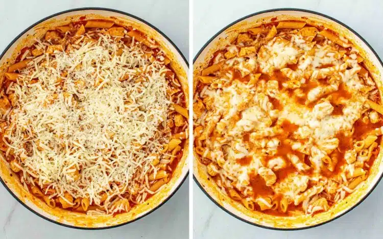 process shots showing how to make chicken parmesan pasta skillet.