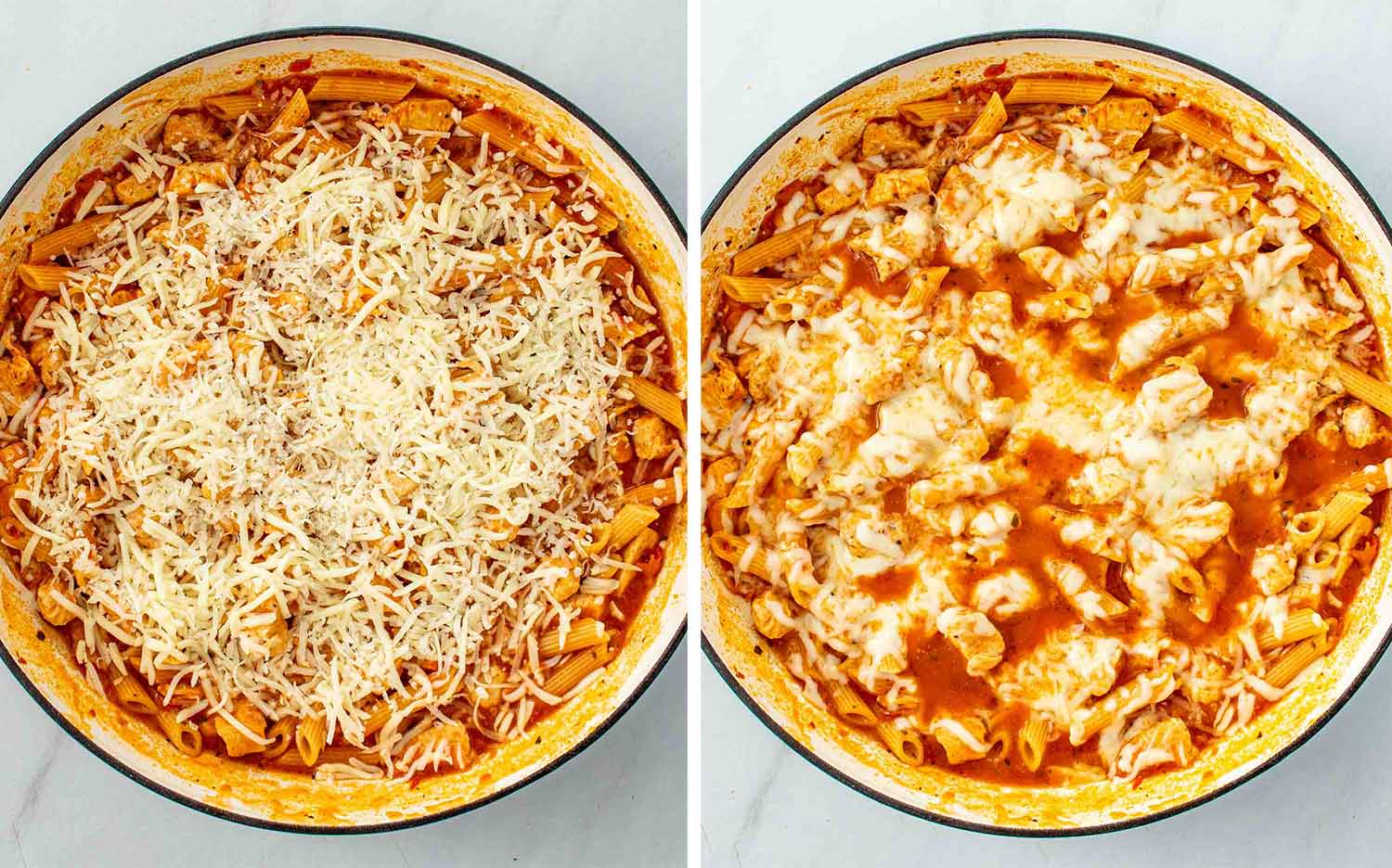 process shots showing how to make chicken parmesan pasta skillet.