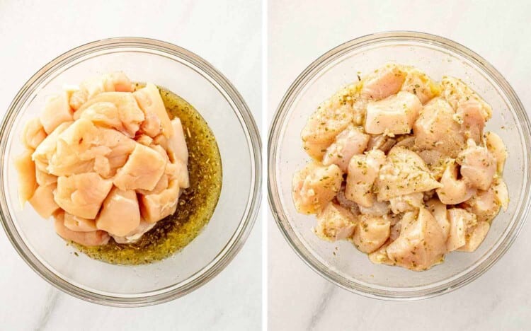 process shots showing how to make grilled lemon chicken skewers.