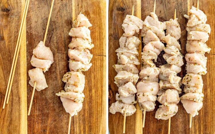 process shots showing how to make grilled lemon chicken skewers.