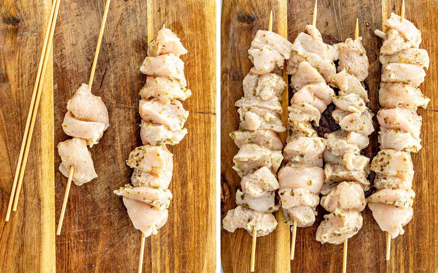 process shots showing how to make grilled lemon chicken skewers.
