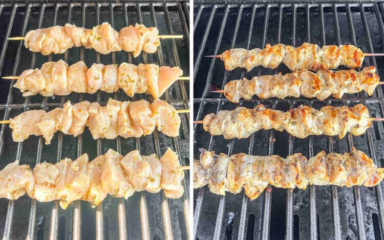 process shots showing how to make grilled lemon chicken skewers.