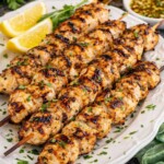 Close up grilled chicken skewers with char marks, parsley, lemon wedges, and small bowl of lemon garlic sauce behind.