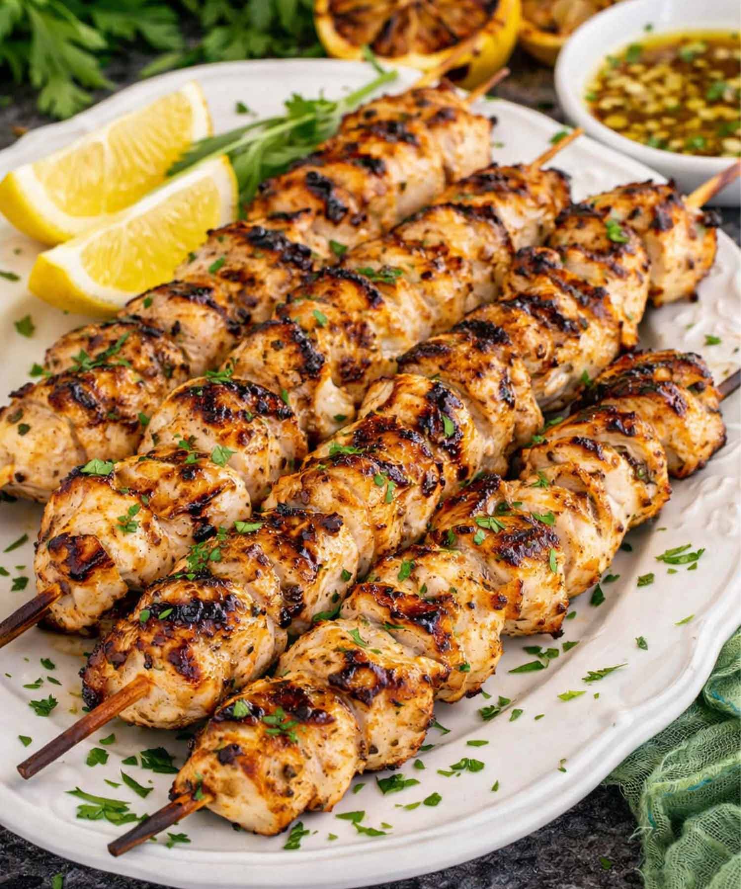 Close up grilled chicken skewers with char marks, parsley, lemon wedges, and small bowl of lemon garlic sauce behind.