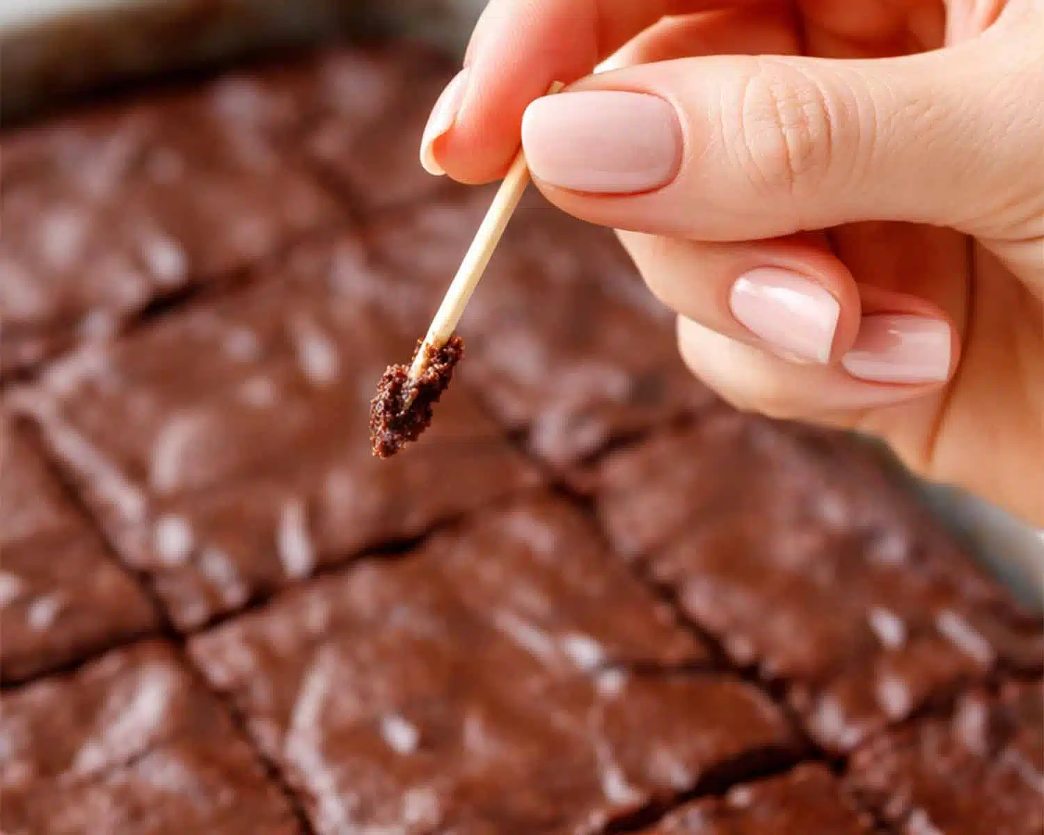 Close up of toothpick with moist brownie crumbs held by manicured hand over pan of fudgy lunch lady brownies showing doneness test.