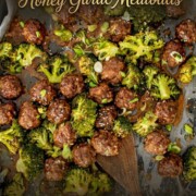 Elegant vertical pin showing roasted meatballs and broccoli with gold script text for a quick weeknight dinner.
