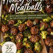 Elegant vertical pin showing roasted meatballs and broccoli with gold script text for a quick weeknight dinner.