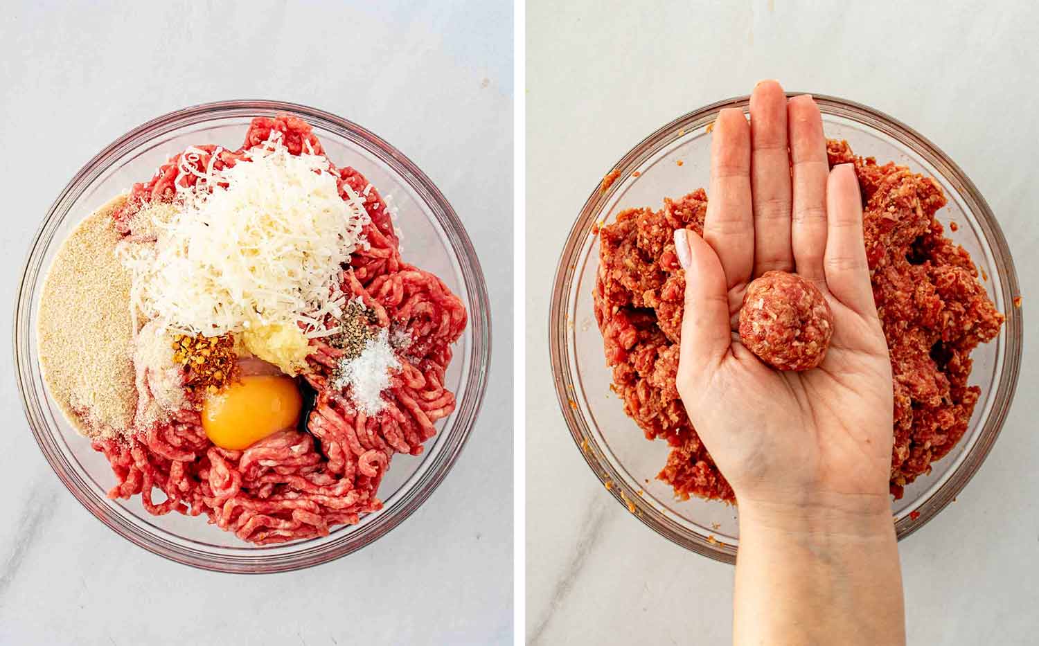 process shots showing how to make sheet pan honey garlic meatballs.