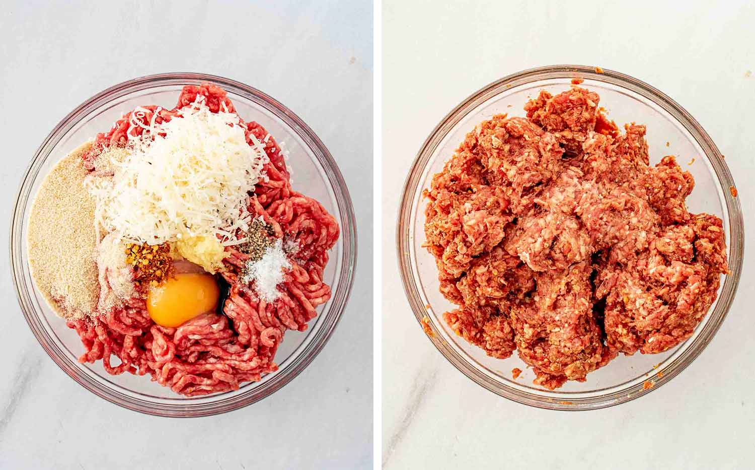 process shots showing how to make sheet pan honey garlic meatballs.