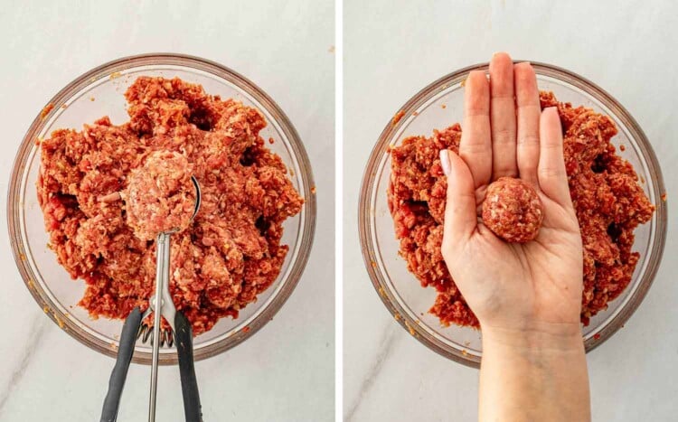 process shots showing how to make sheet pan honey garlic meatballs.