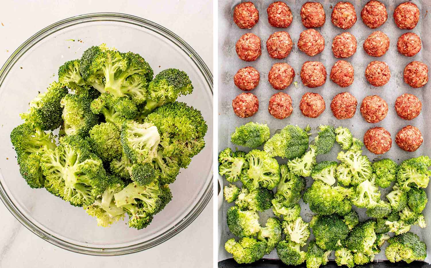 process shots showing how to make sheet pan honey garlic meatballs.