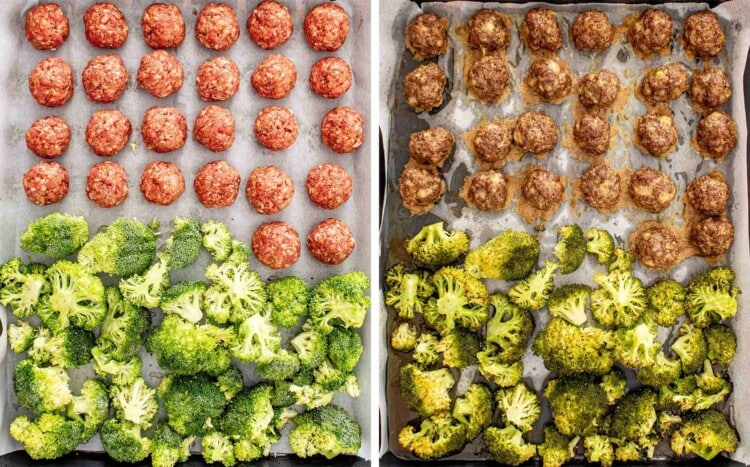 process shots showing how to make sheet pan honey garlic meatballs.