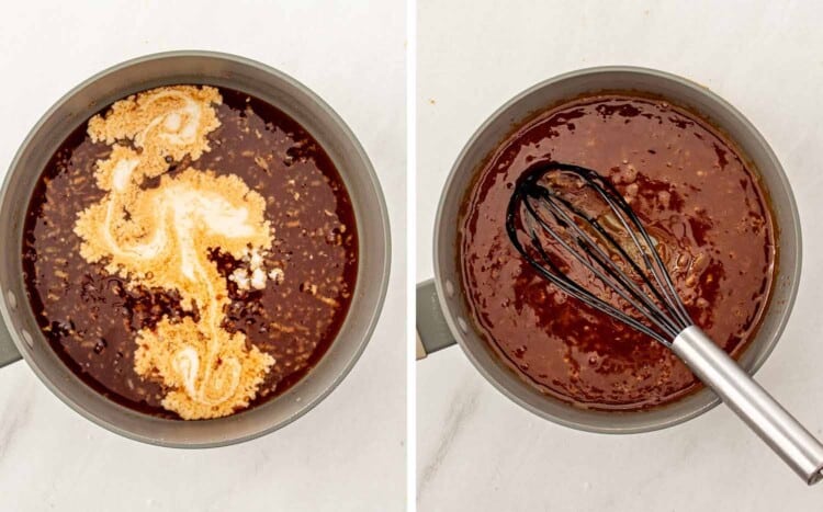 process shots showing how to make sheet pan honey garlic meatballs.