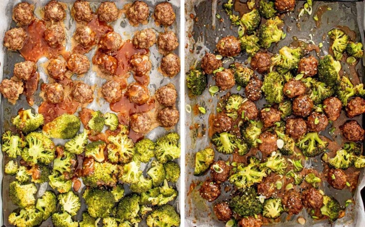 process shots showing how to make sheet pan honey garlic meatballs.