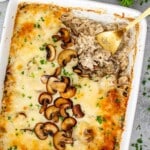 hicken mushroom rice bake scooped from casserole dish showing creamy rice texture, shredded chicken, melted cheese, and golden browned edges.