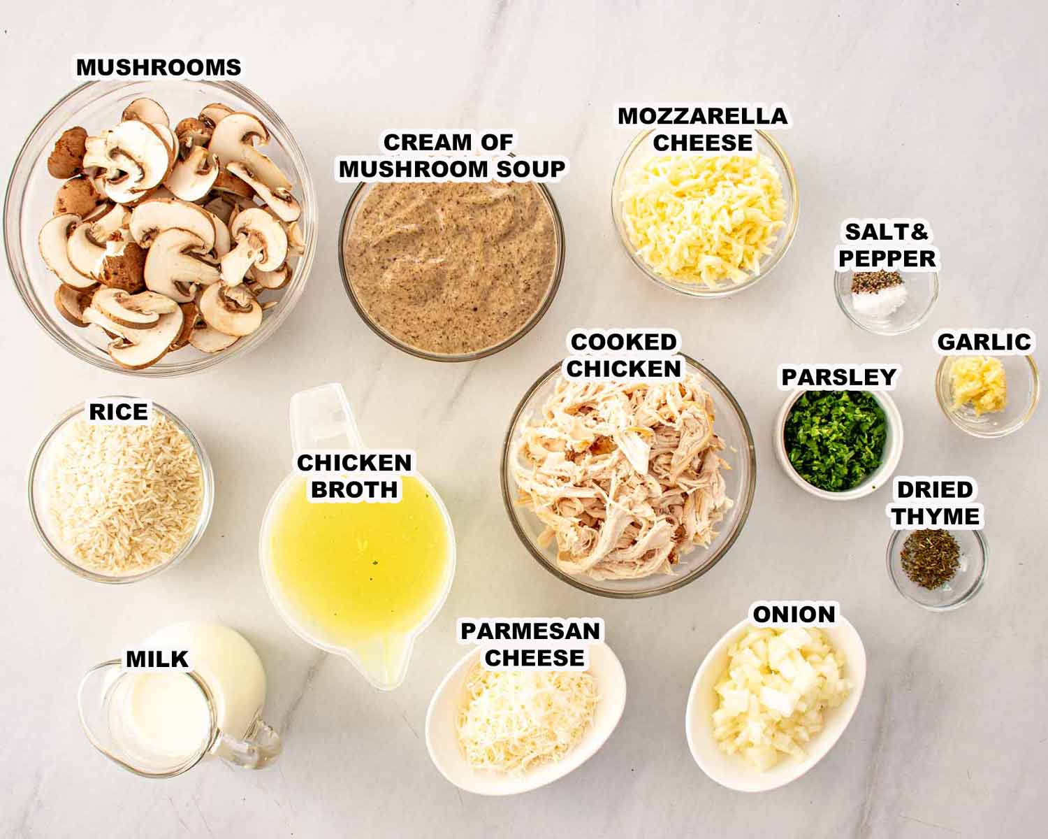 ingredients needed to make chicken mushroom and rice bake.