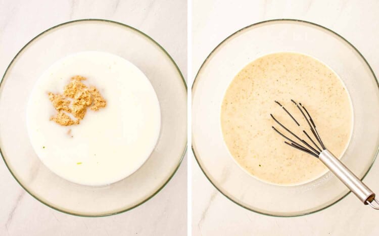 process shots showing how to make chicken and mushroom rice bake.