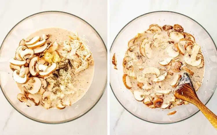 process shots showing how to make chicken and mushroom rice bake.