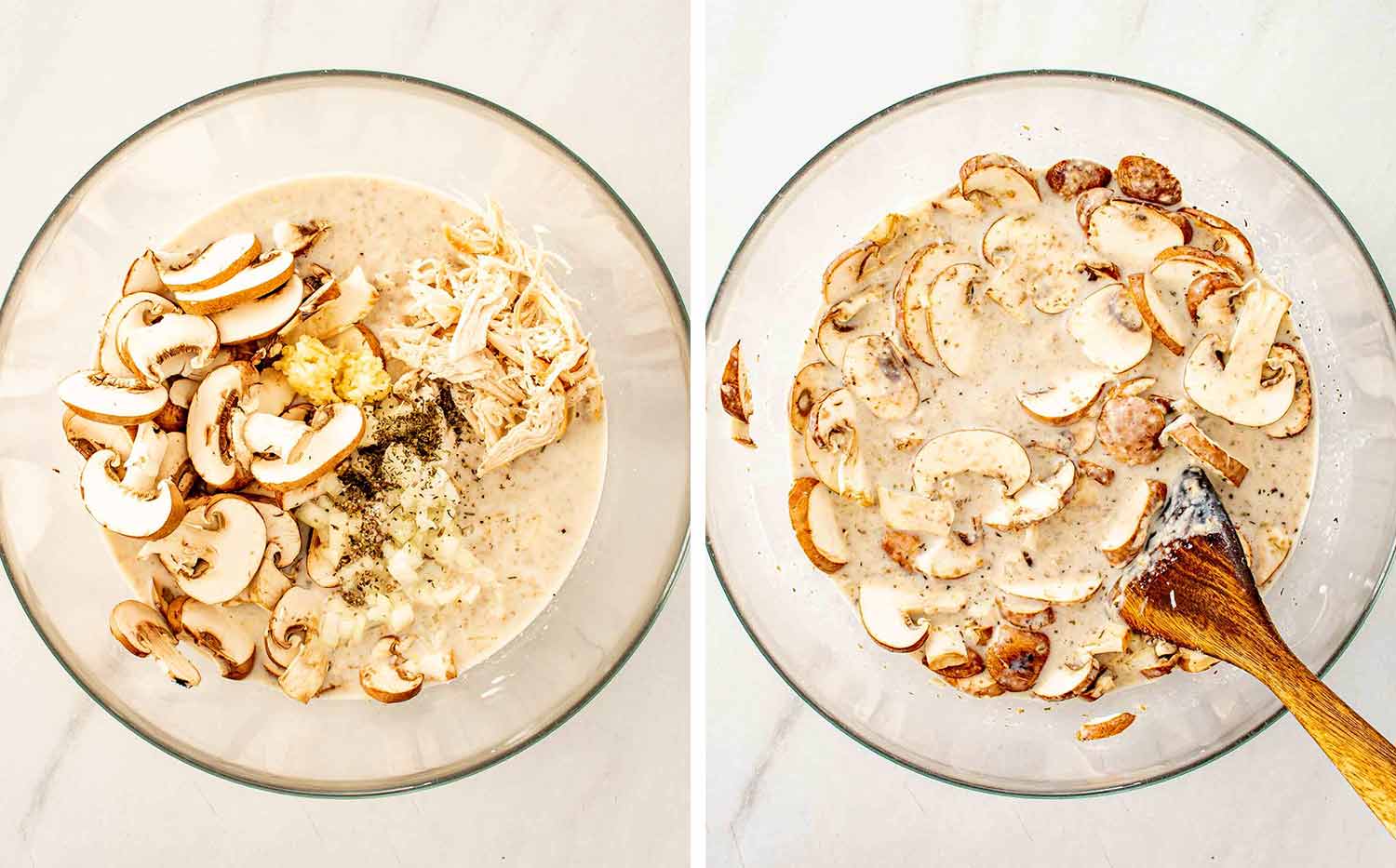 process shots showing how to make chicken and mushroom rice bake.