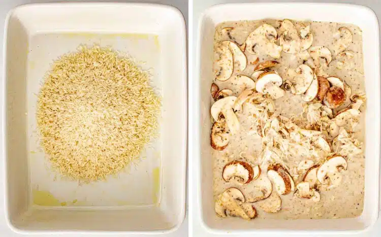 process shots showing how to make chicken and mushroom rice bake.