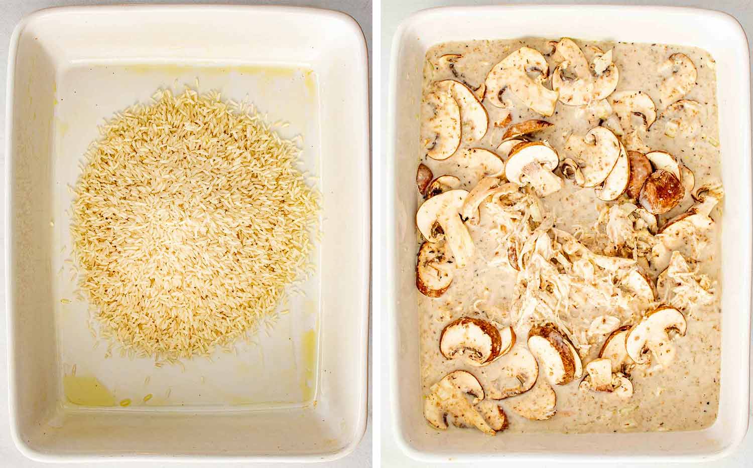 process shots showing how to make chicken and mushroom rice bake.