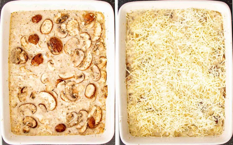 process shots showing how to make chicken and mushroom rice bake.