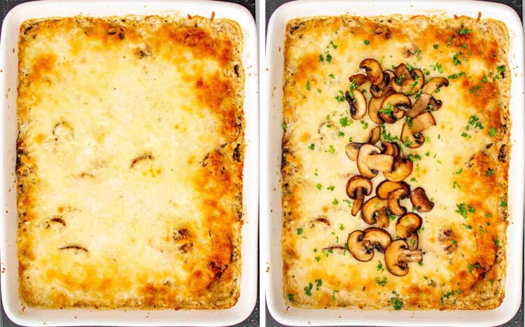 process shots showing how to make chicken and mushroom rice bake.