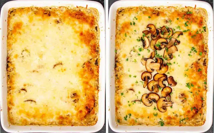 process shots showing how to make chicken and mushroom rice bake.