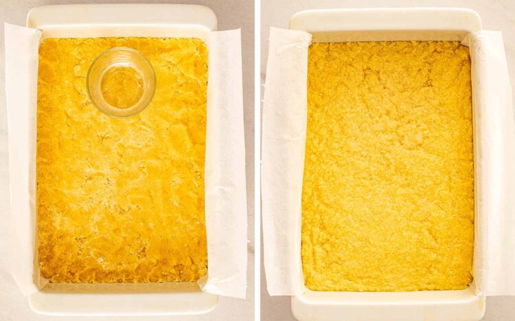 process shots showing how to make chocolate chip pecan pie bars.