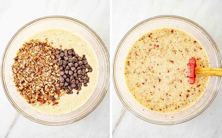 process shots showing how to make chocolate chip pecan pie bars.