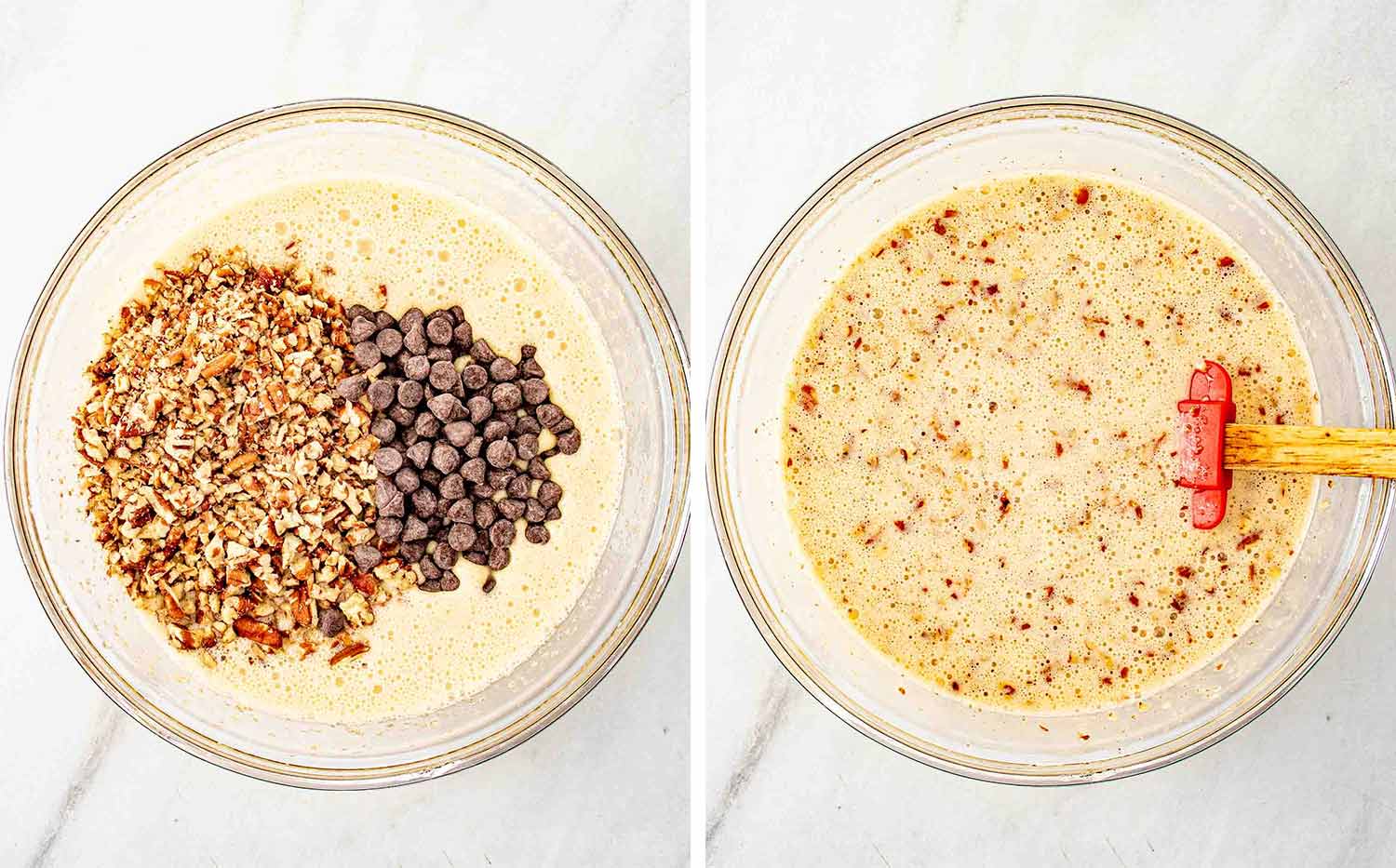 process shots showing how to make chocolate chip pecan pie bars.