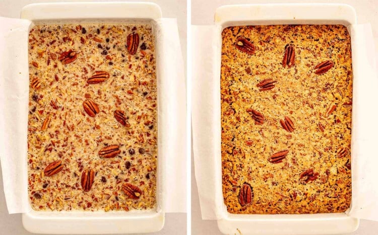 process shots showing how to make chocolate chip pecan pie bars.