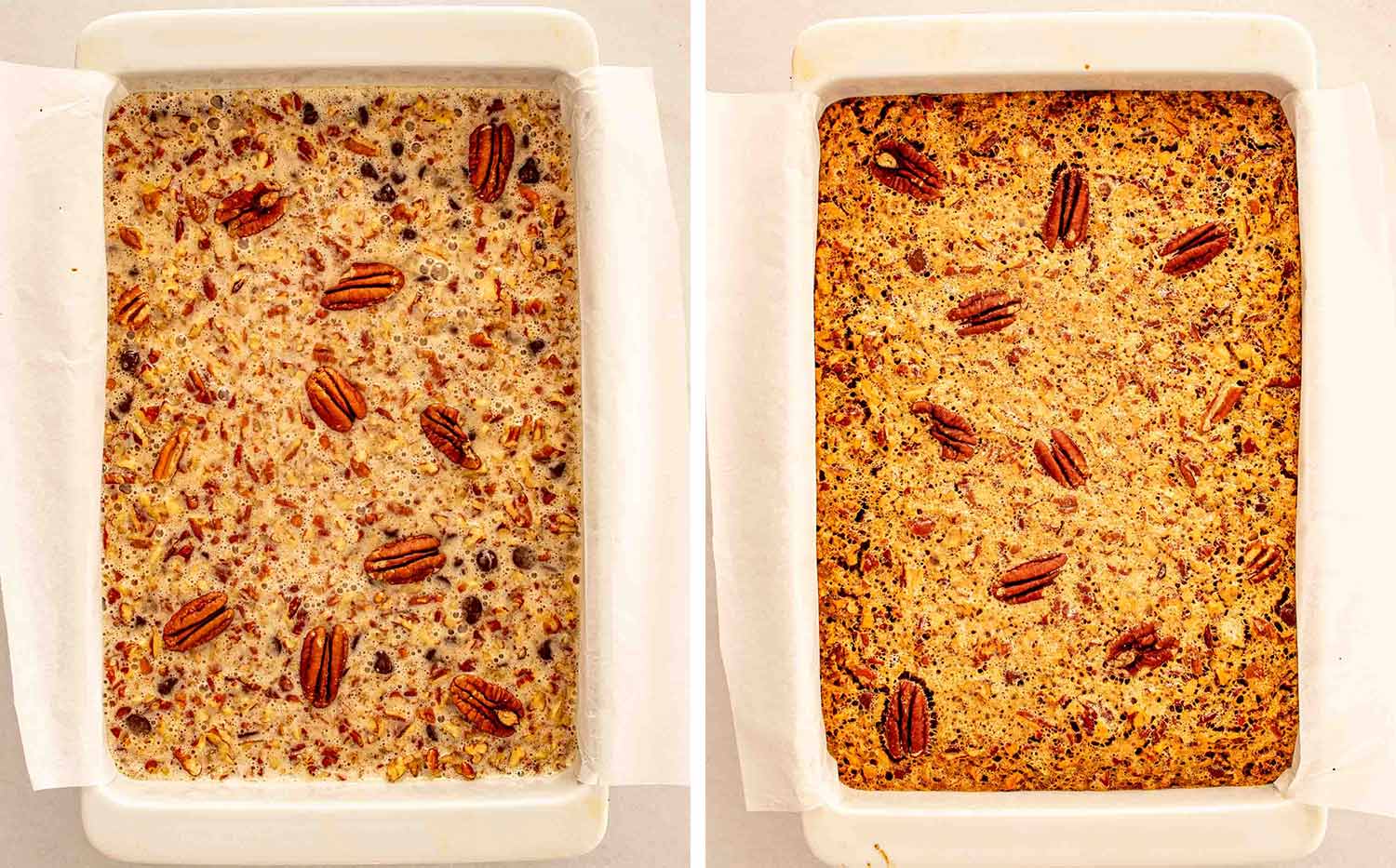 process shots showing how to make chocolate chip pecan pie bars.
