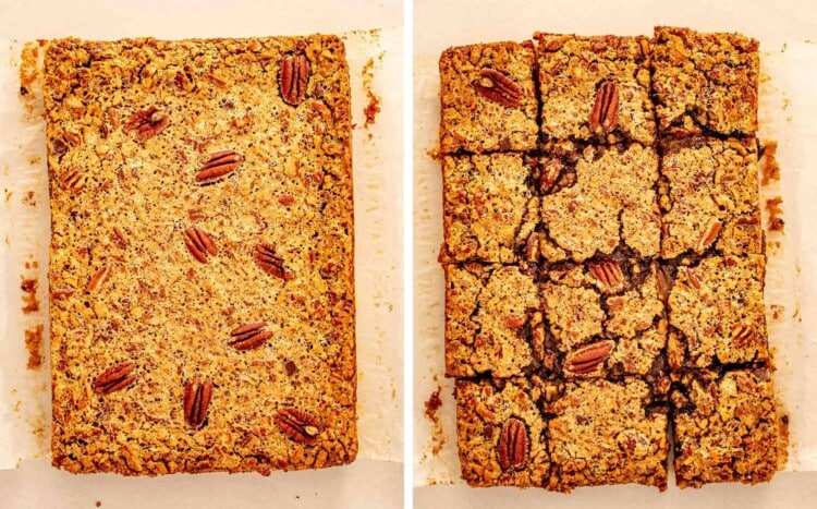 process shots showing how to make chocolate chip pecan pie bars.