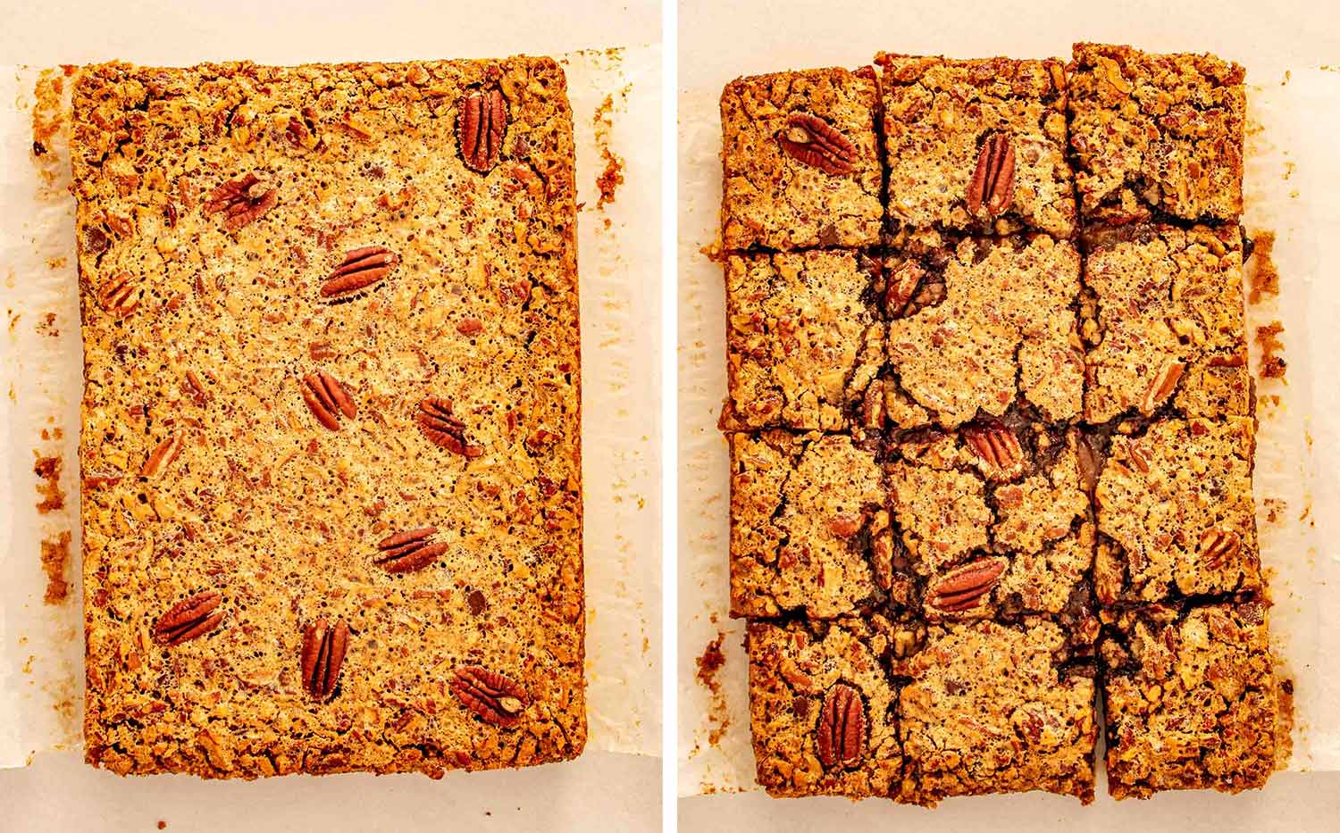 process shots showing how to make chocolate chip pecan pie bars.