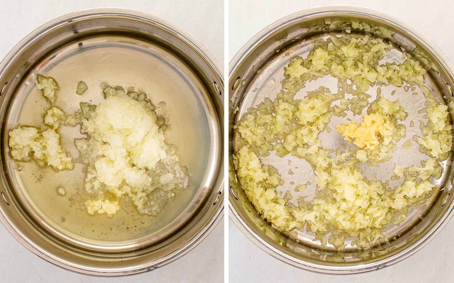Finely chopped onion softened in olive oil in a stainless steel pot then minced garlic added to the center ready to cook for another minute.