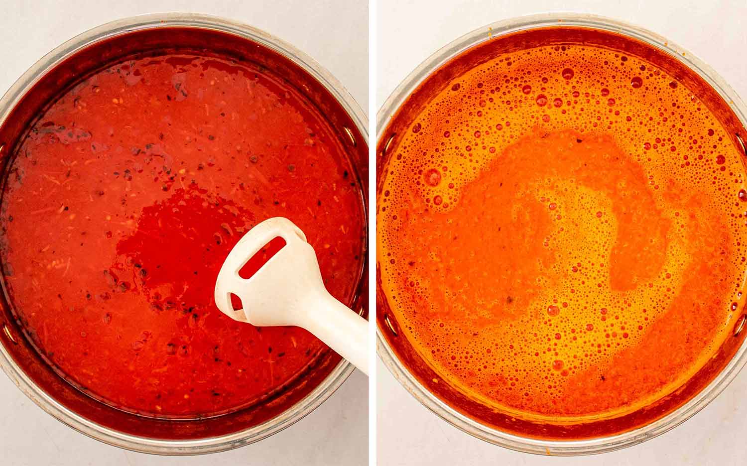 An immersion blender being used to purée the tomato soup in a pot then the soup fully blended into a smooth and silky texture.