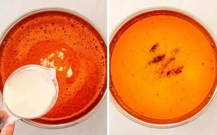 Heavy cream being poured from a glass measuring cup into the blended tomato soup in a pot then the finished creamy tomato soup seasoned with black pepper.