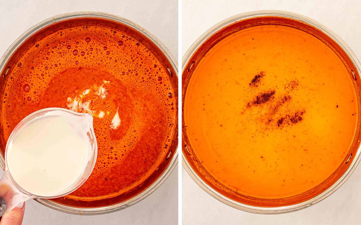 Heavy cream being poured from a glass measuring cup into the blended tomato soup in a pot then the finished creamy tomato soup seasoned with black pepper.