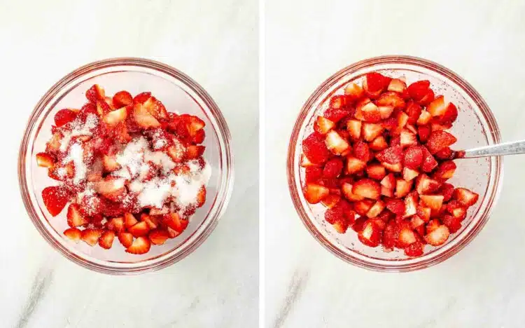 Side by side overhead view of chopped fresh strawberries with granulated sugar added on the left and fully macerated with a spoon showing the released strawberry juices on the right.