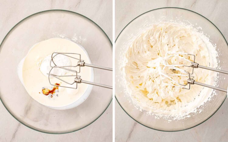 Side by side overhead view of heavy whipping cream with vanilla extract in a glass bowl before whipping on the left and beaten to stiff peaks with an electric mixer on the right.