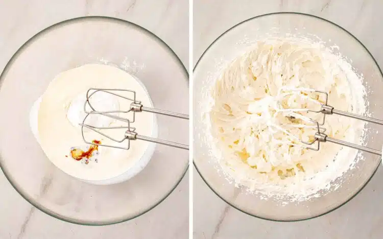 Side by side overhead view of heavy whipping cream with vanilla extract in a glass bowl before whipping on the left and beaten to stiff peaks with an electric mixer on the right.