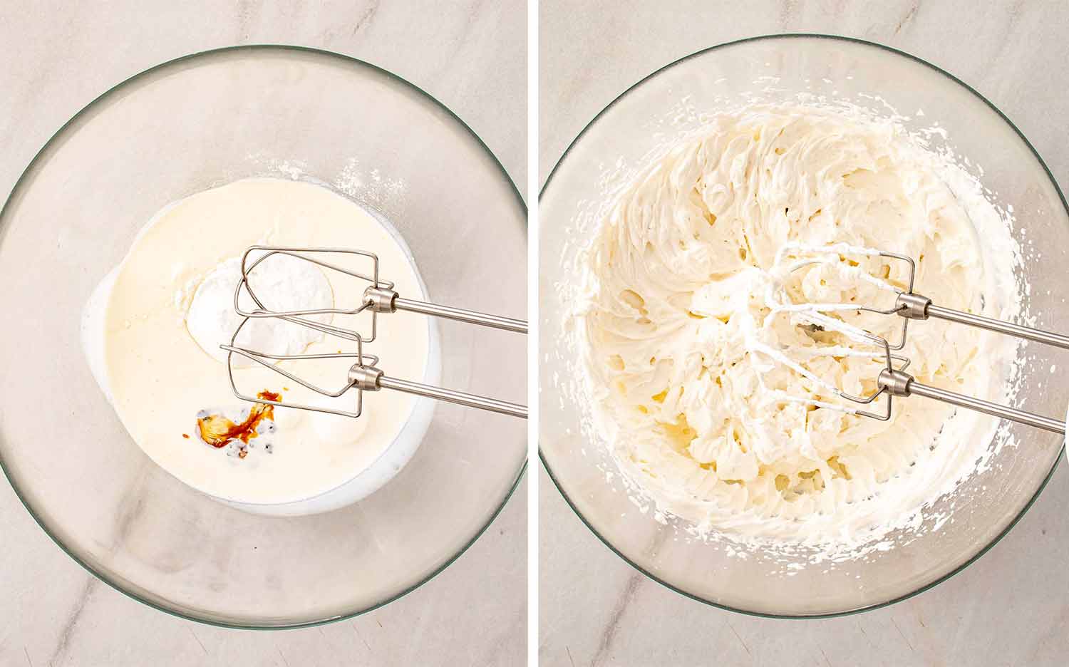 Side by side overhead view of heavy whipping cream with vanilla extract in a glass bowl before whipping on the left and beaten to stiff peaks with an electric mixer on the right.