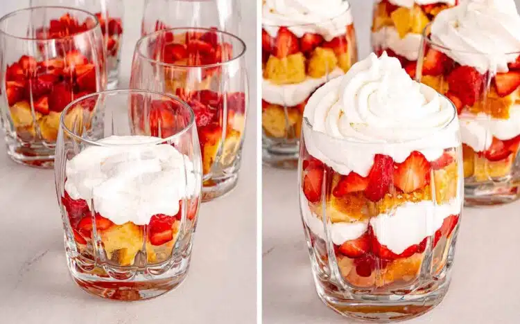 Side by side view of a strawberry shortcake trifle being assembled with one layer of whipped cream on the left and fully layered with a generous whipped cream top on the right.