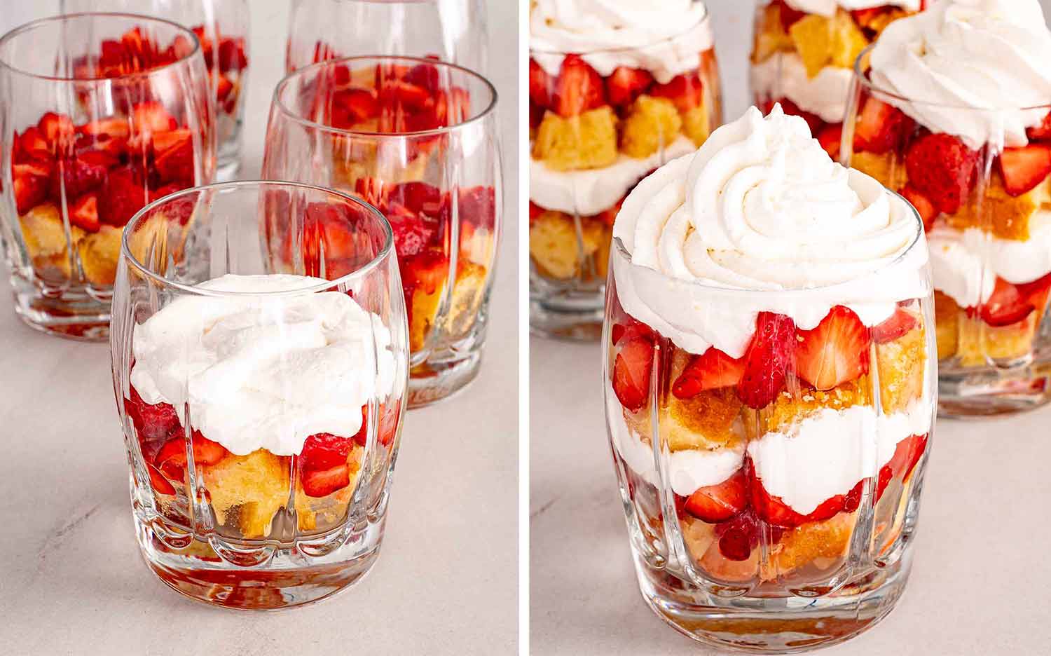 Side by side view of a strawberry shortcake trifle being assembled with one layer of whipped cream on the left and fully layered with a generous whipped cream top on the right.