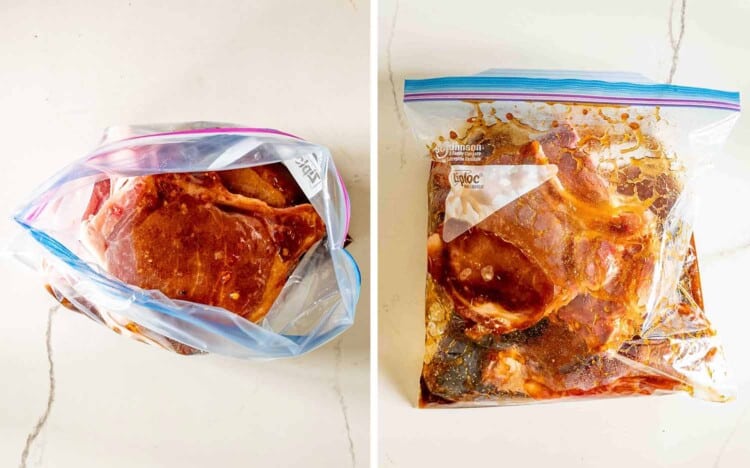 process shots showing how to make brown sugar italian pork chops.