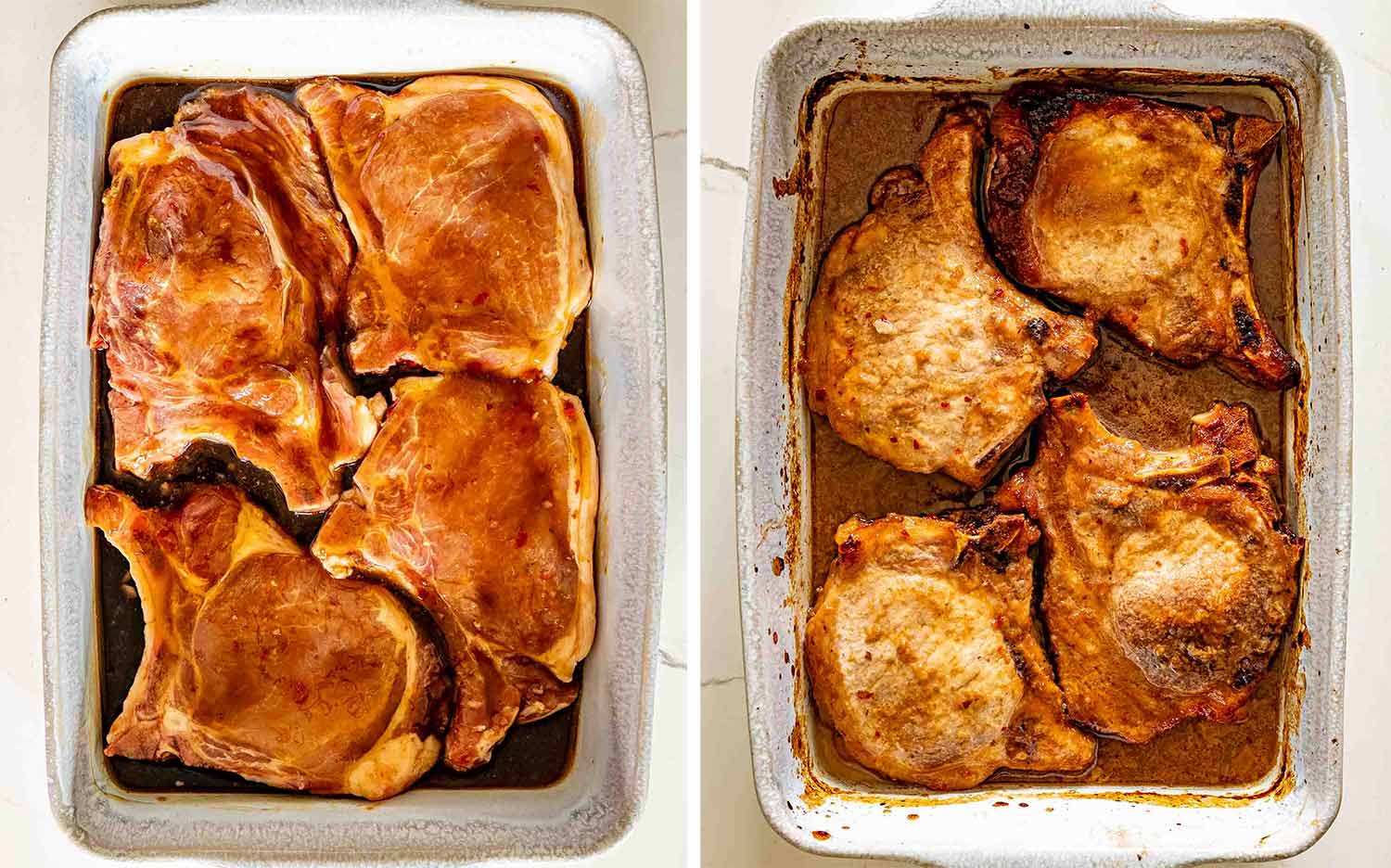process shots showing how to make brown sugar italian pork chops.